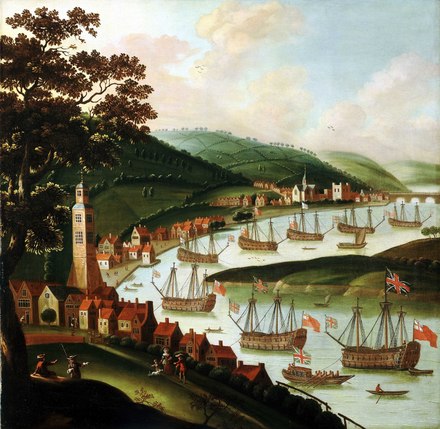 17th-century painting of naval vessels moored on the River Medway, viewed from Chatham with Rochester Bridge in the background.