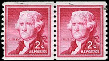 Perforation holes between a pair of postage stamps from a coil of stamps. Stamp US 1954 2c Jefferson coil pair.jpg