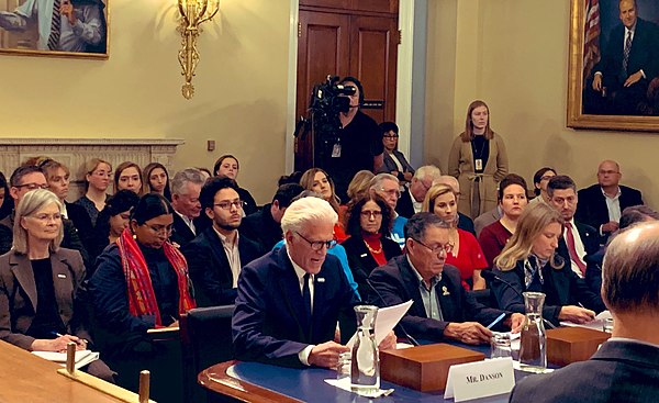 Danson testifying at a United States House Committee on Natural Resources session about plastic in 2019