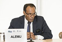 Alemu speaks at the International Peace Institute in 2017. Tekeda Alemu, Permanent Representative of Ethiopia to the UN (35593137122).jpg