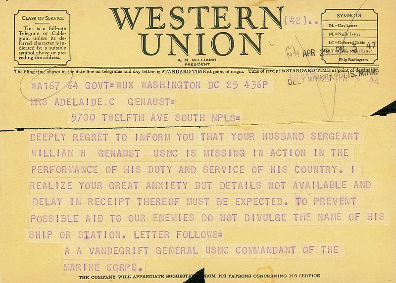 File:Telegram, Missing in Action Notification, 25 April 1945 (14005058199).jpg