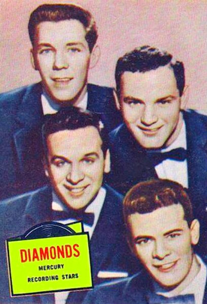 Trading card featuring The Diamonds from the series of movie, television and recording stars, 1957