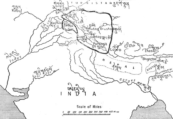 The Empire of King Nyimagon in Western Tibet about 975-1000 AD. The eldest son Palgyimon received the bulk of the empire under the name Maryul, based 