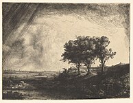The Three Trees label QS:Len,"The Three Trees" label QS:Lde,"Die drei Bäume" label QS:Lnl,"De drie bomen" . 1643. etching print, drypoint print and burin. 21.3 × 27.9 cm (8.3 × 10.9 in). Various collections.