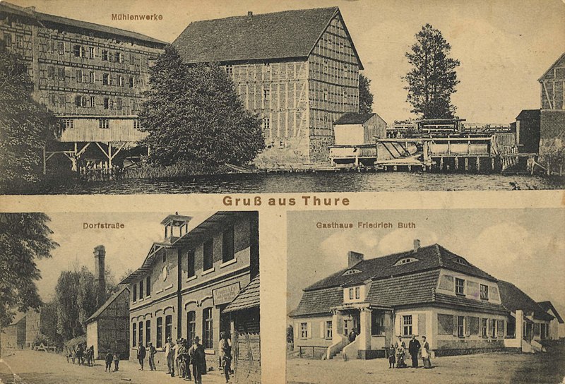 File:Thuren, Westpreußen - Mühlenwerke; Dorfstraße; Gasthaus Friedrich Buth (Zeno Ansichtskarten).jpg