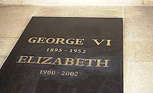 Tomb of Queen Elizabeth the Queen Mother in St George Chapel, Windsor; she is one of two British royals to live past 100. Tomb of King George VI and Queen Elizabeth at Saint George Chapel.jpg