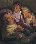 Die Kopfoperation (Fühlen) aus dem Zyklus Die fünf Sinne, Öl auf Eichenholz, 21,5 × 17,7 cm, 1624–1625, The Leiden Collection, New York City