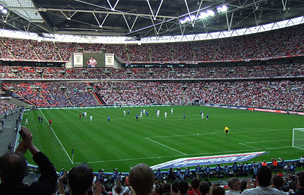 The England national football team playing at Wembley.