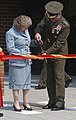 Lt. Gen. James Mattis, Commanding General, Marine Corps Combat Development Command, and Willa Knox Davis cut the ribbion during the General Raymond G. Davis Center dedication ceremony.