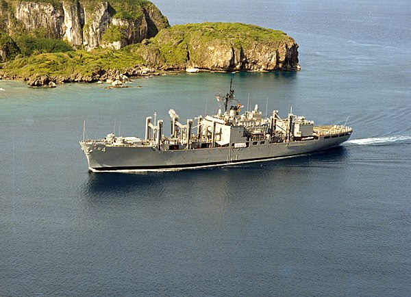 USS White Plains (AFS-4) underway off Guam (USA) on 11 April 1984 (L45-305.06.01).jpg