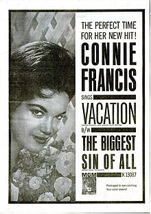 Billboard ad for Francis's final top-ten hit, "Vacation", July 14, 1962 Vacation - The Biggest Sin of All - Billboard ad 1962.jpg