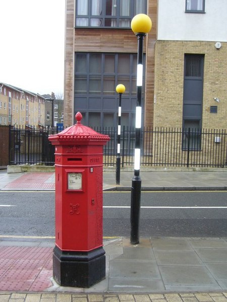 File:Victorian pillar box and Belisha beacons, St Pancras Way - geograph.org.uk - 1712548.jpg