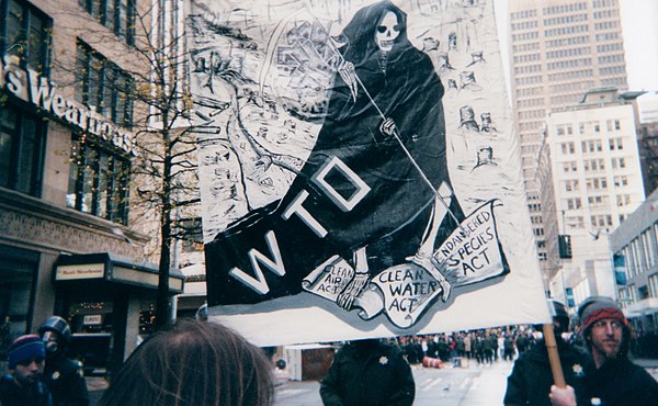 WTO protest sign depicting the organization trampling on three environmental laws.
