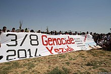 Yazidi commemoration of the genocide on August 3, 2014 in the Kurdish city of Diyarbakir in Turkey (2015) Yezidi Genocide Memorial Day.jpg