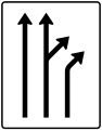 Zeichen 533–60 Trennungstafel – ohne Gegenverkehr – zweistreifig durchgehend und einstreifig sowie aus dem rechten durchgehenden Fahrstreifen rechts ab