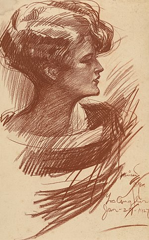 Drawing of a woman, sketched with Conté crayon