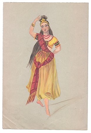 "Indisk" teaterkostume, sandsynligvis tegnet af Pietro Krohn. Tegningen findes i Det Kongelige Teaters Arkiv i Rigsarkivet.