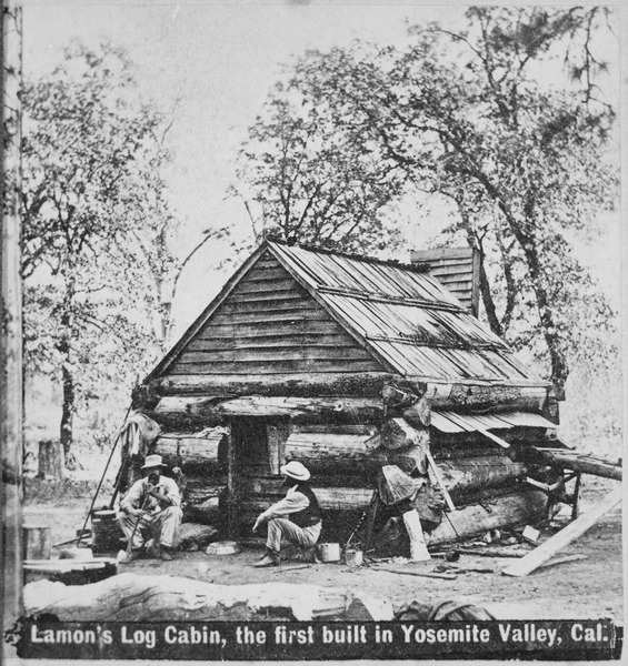 File:"Lamon's log cabin, the first built in Yosemite Valley, Calif." Their work completed, two men sit on stumps in front of - NARA - 559326.tif