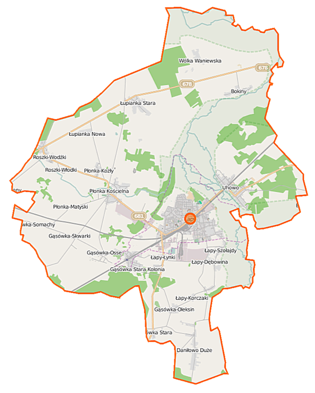 Mapa konturowa gminy Łapy, blisko centrum na prawo znajduje się punkt z opisem „Łapy”