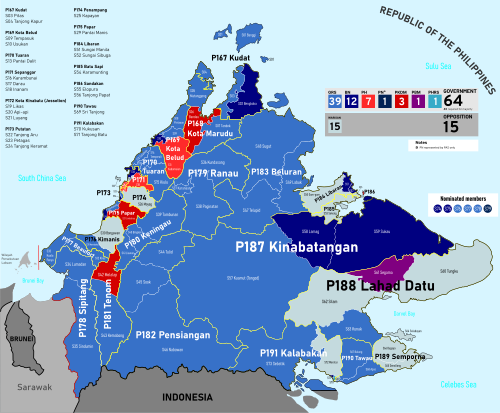 Constituency map showing current standings by party 16th DUN Sabah by party.svg