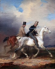 Das Gemälde von 1836 zeigt Prinz Wilhelm beim Ausritt mit Franz Krüger, dem Maler des Bildes. Es verzichtet weitgehend auf höfische Repräsentativität, sowohl der Prinz als auch der Maler tragen bürgerliche Kleidung und Zylinderhüte. Die Standesunterschiede werden jedoch nicht vollständig aufgehoben, da Wilhelm im Vordergrund gezeigt wird und ein vornehmer wirkendes, weißes Pferd reitet. Ausritt des Prinzen Wilhelm in Begleitung des Künstlers, Franz Krüger, Öl auf Leinwand, 1836, Alte Nationalgalerie