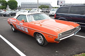 The repaired 1971 Dodge Challenger pace car. 1971Indianapolis500PaceCar.jpg