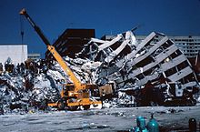 Nuevo Leon apartment building; part of the structure was only slightly damaged, while another part of it collapsed. 1985 Mexico Earthquake - Nuevo Leon building 2.jpg