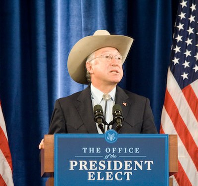 Salazar during a media conference of the Obama-Biden transition, on December 17, 2008.