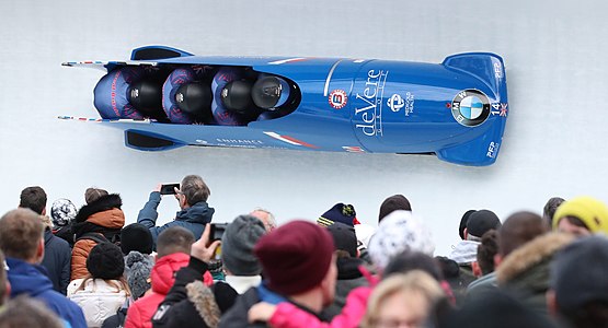 Bobteam Brad Hall (Großbritannien) im 3. Lauf des 4er-Bob-Wettbewerbs bei den Bob- und Skeletonweltmeisterschaften 2020 in Altenberg