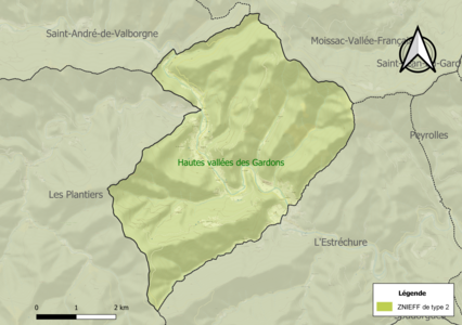 Carte de la ZNIEFF de type 2 sur la commune.