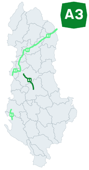 A3 berjalan di kabupaten Elbasan dan Tirana.