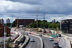 A large site for the digging of an underpass in the place of the former Mytongate roundabout in Kingston upon Hull. Apparently the underpass is well underway, but it doesn't look very obvious at all that one is being dug from this angle.