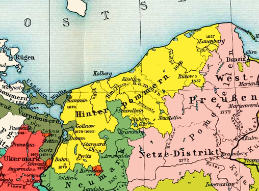 Poméranie ultérieure en 1800 (Hinterpommern, en jaune).