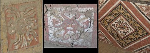 De gauche à droite : Forme arachnide - Avec deux serpents lui sortant de la tête - Tel qu'il est présenté à la Huaca de la Luna.