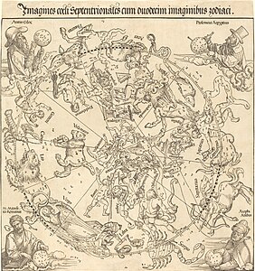 1515年にドイツの版画家アルブレヒト・デューラーが製作した木版画の北天星図。中央近くにワシに抱えられた弦楽器 Lyra が描かれている。