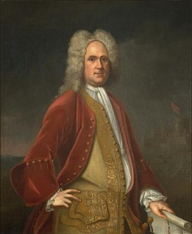 Retrato de Charles Bridges de 1736.  Al fondo está el castillo de Blindheim, cerca del cual Spotswood fue herido en 1704.