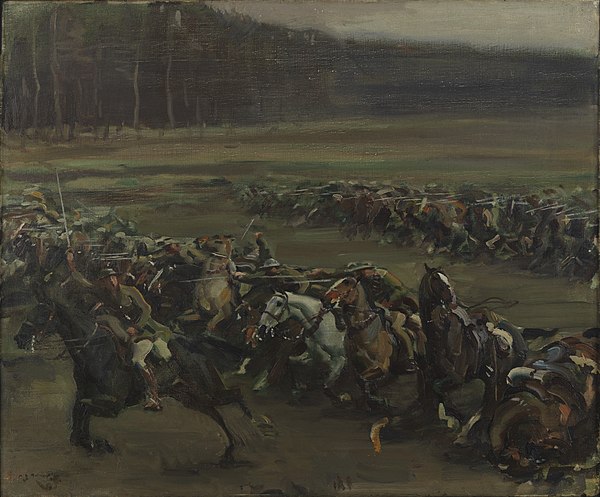 Painting by Alfred Munnings of the Allied cavalry attack against the Germans during Battle of Moreuil Wood.