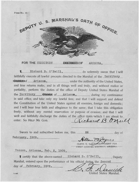 File:Appointment and Oath of Office for Richard B. O'Neill as Deputy Marshal in the Territory of Arizona. - NARA - 295807.tif