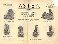 Brochure for Aster engines showing Stationary motor; Electricity generators; Air cooled range; Water cooled range; and listing Gasoline motors, Kerosene motors and Gas Motors for Automobiles, Heavy Duty, Motor launches, Electric generators and stationary work. Distributed in the USA by 'A J Myers', New York. Aster brochure - New York, 1900s.jpg