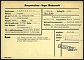 Carte d'enregistrement de August Froehlich en tant que prisonnier dans le camp de concentration nazi de Buchenwald. Motif (« Grund ») d'emprisonnement: « a transmis des plaintes de travailleurs civils polonais aux employeurs».