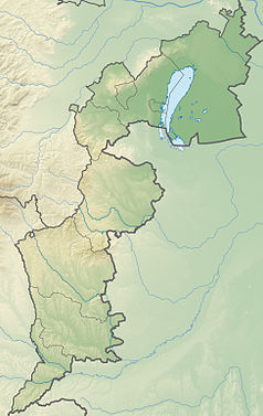 Mapa konturowa Burgenlandu, u góry nieco na prawo znajduje się punkt z opisem „Krajobraz kulturalny Fertö/Jeziora Nezyderskiego”