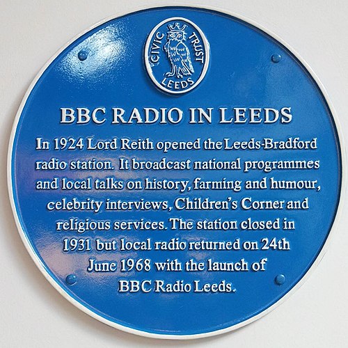 Blue plaque placed by Leeds Civic Society outlining radio in Leeds