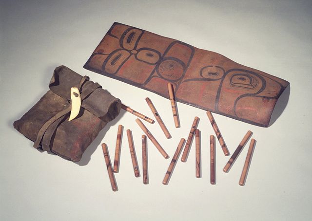 Bag with 65 Inlaid Gambling Sticks, Tsimshian (Native American), 19th century, Brooklyn Museum