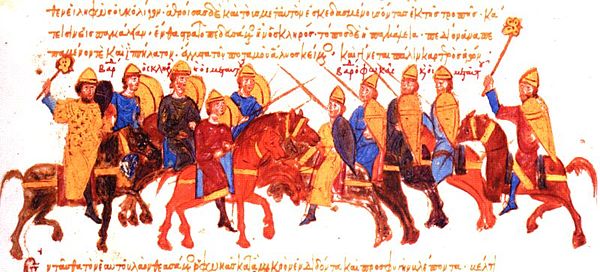 Clash between the armies of Bardas Skleros and Bardas Phokas at Pankaleia, miniature from the Madrid Skylitzes.