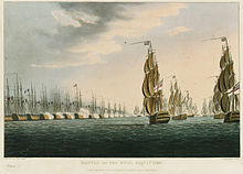 An engraved print showing a tightly packed line of 13 warships flying the French flag. The ships are firing on eight ships flying the British flag that are steadily approaching them from the right of the picture.