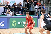 Deutsch: Beachhandball Europameisterschaften 2019 (Beach handball Euro); Tag 6: 7. Juli 2019 – Spiel um Platz Drei, Männer, Ungarn-Russland 2:0 (26:20, 23:22) English: Beach handball Euro; Day 6: 7 July 2019 – Men's Bronze Medal Match – Hungary-Russia 2:0 (26:20, 23:22)