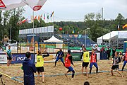 Deutsch: Beachhandball Europameisterschaften 2019 (Beach handball Euro); Tag 5: 6. Juli 2019 – Männer, Platzierungsspiel für die Ränge 5–8, Frankreich-Deutschland 0:2 (18:22, 16:19) English: Beach handball Euro; Day 5: 6 July 2019 – Placement Match/Cross Match for rank 5–8 Men – Frankreich-Deutschland 0:2 (18:22, 16:19)