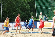 Deutsch: Beachhandball Europameisterschaften 2019 (Beach handball Euro); Tag 6: 7. Juli 2019 – Platzierungsspiele Rang 13-16 Männer, Rumänien-Serbien 2:0 (21:18, 22:20) English: Beach handball Euro; Day 6: 7 July 2019 – Placement Match 13–16 Men – Romania-Serbia 2:0 (21:18, 22:20)