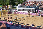 Deutsch: Beachhandball bei den Olympischen Jugendspielen 2018; Tag 3, 9. Oktober 2018; Jungs, Vorrunde, Gruppe B - Argentinien-Hongkong 2:0 English: Beach handball at the 2018 Summer Youth Olympics at 9 October 2018 – Girls Preliminary Round Group B – Argentina-Hing Kong 2:0