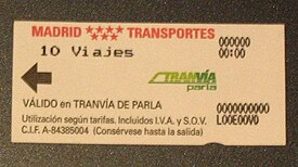 10 trip ticket Billete tranvia parla, Madrid, Spain. 2007.jpg